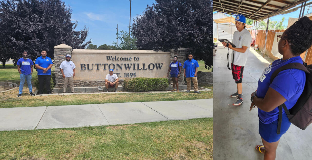Students stand by a sign that reads "Welcome to Buttonwillow."